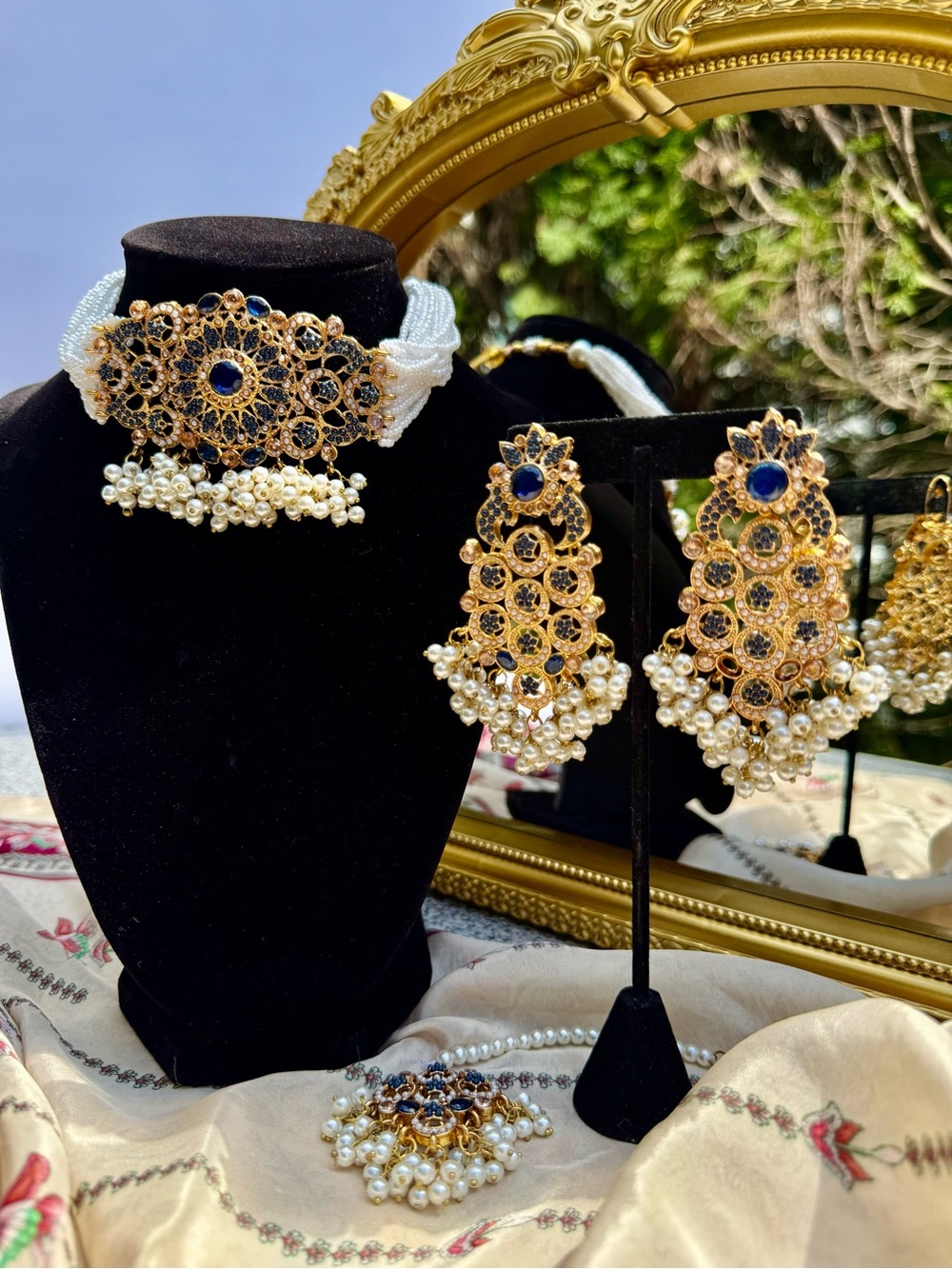 Statement Indian Wedding Choker Set | Navy Blue, Gold & Pearl | Earrings + Tikka